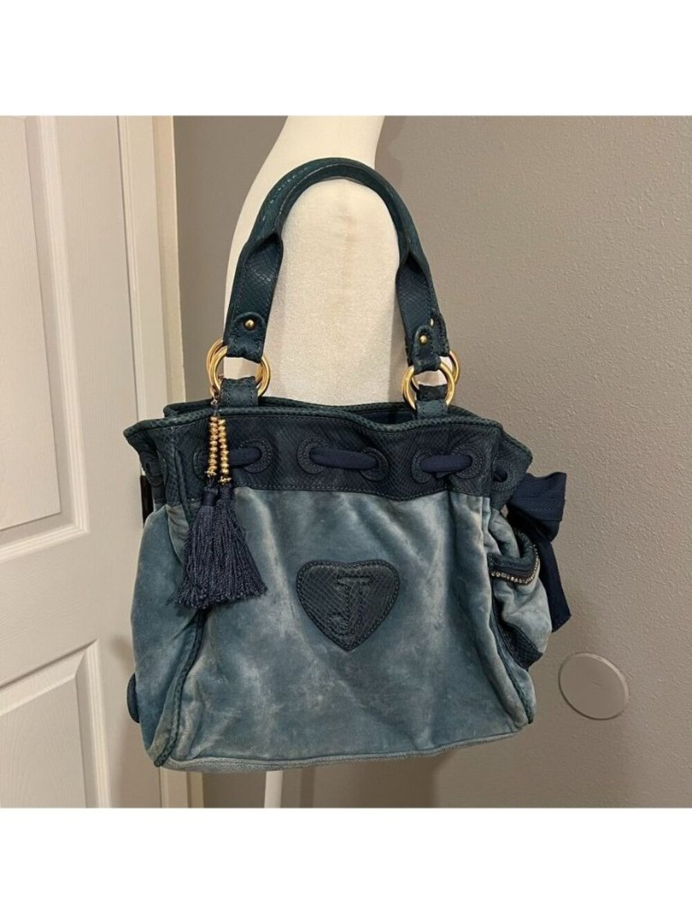 Y2K Vintage 2010 Juicy Couture Steel Blue Velour Daydreamer Bag